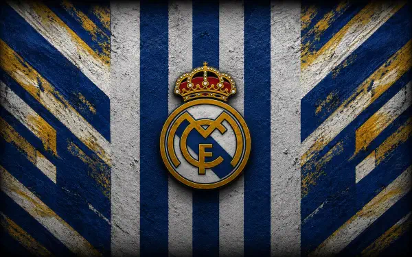 Real Madrid C.F. logo centered on a textured blue-and-white striped background with grunge gold accents — 4K Ultra HD PC desktop wallpaper showcasing soccer/football team branding.