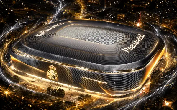 4K Ultra HD wallpaper showing a glowing, futuristic Real Madrid stadium at night with the club crest and Real Madrid on the roof, wrapped in golden city lights and streaking energy.