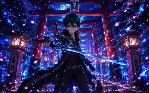 Kirito (Sword Art Online) anime: dark-clad swordsman wielding a glowing blue blade beneath red torii gates, surrounded by purple-blue cosmic sparks — 4K Ultra HD PC desktop wallpaper/background.