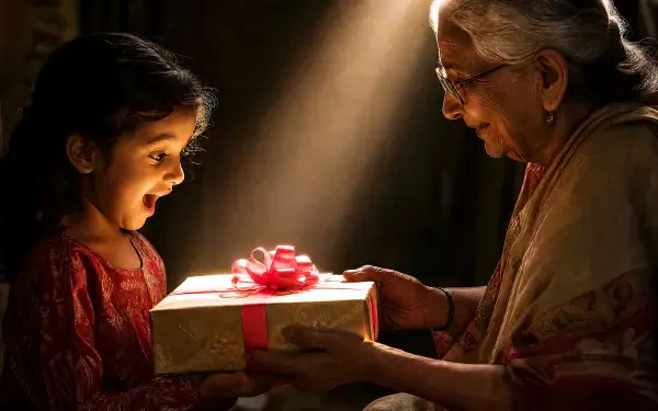 Girl's delighted face as a woman offers a wrapped gift in a warm beam of light — gift giving moment. 4K Ultra HD PC desktop wallpaper/background.