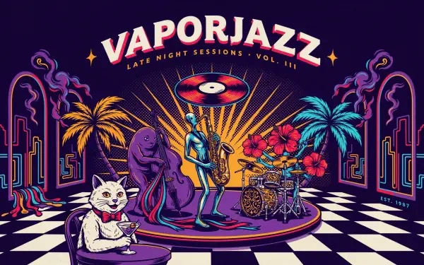 VAPORJAZZ jazz album cover 4K Ultra HD PC wallpaper: neon retro scene with saxophonist and drummer amid palm trees and vinyl, checkerboard stage and a lounging white cat.