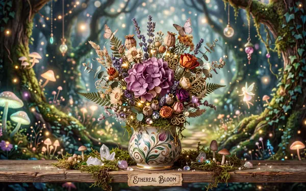 5K Ultra HD PC desktop wallpaper background: ornate vase holds a lush bouquet of flowers and foliage amid a glowing, enchanted forest scene.
