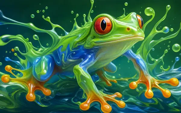 Vibrant tree frog with bright red eyes and neon green-blue skin, splashing through droplets — 4K Ultra HD PC desktop wallpaper and background.