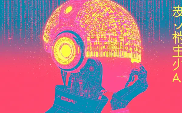 Vibrant sci-fi cyborg wearing a glowing circuit-patterned helmet; neon pink, yellow and teal palette in 2K Quad HD PC desktop wallpaper/background.