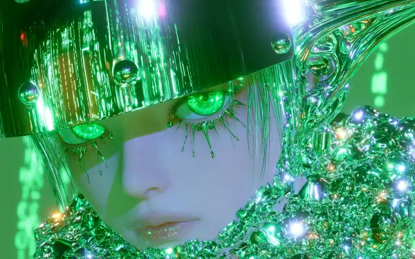 Sci-fi anime portrait of a woman with a metallic visor, glowing green eyes, and jeweled chrome collar with reflective droplets — 2K Quad HD PC desktop wallpaper