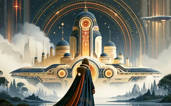Futuristic sci‑fi palace city with golden domes, glowing arch rings and misty skyline; a cloaked figure gazes toward the spired complex — 2K Quad HD PC desktop wallpaper background.