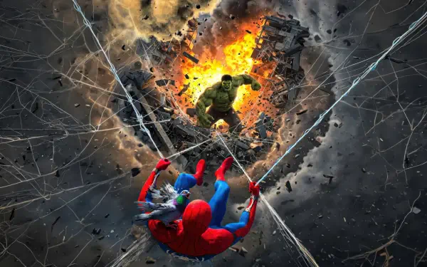 4K Ultra HD PC desktop wallpaper and background: Spider-Man swings on weblines toward an enraged Hulk bursting from a fiery explosion in a shattered cityscape.