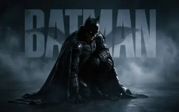 Brooding Batman in armored suit kneels on wet floor, cape spread, fog and giant BATMAN title looming — 4K Ultra HD PC desktop wallpaper/background.