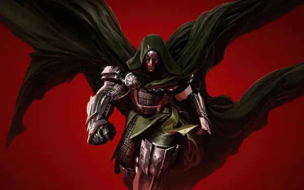 Doctor Doom digital art 4K Ultra HD PC desktop wallpaper/background: armored, cloaked villain strides forward against a dramatic red backdrop.