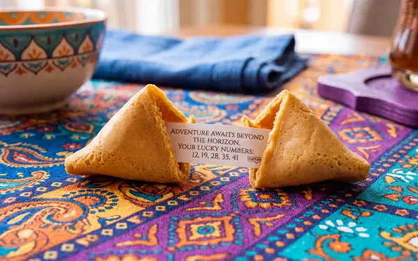 Close-up of two fortune cookies on a colorful cloth, one cracked open revealing a message; 5K Ultra HD PC Desktop Wallpaper and Background.