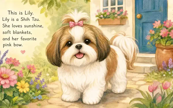 4K Ultra HD PC desktop wallpaper: illustrated Shih Tzu dog with a pink bow, smiling in a sunny flower-filled garden by a blue door.
