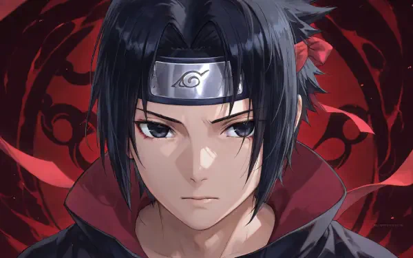 Close-up of Sasuke Uchiha from Naruto, intense gaze with headband and dark hair set against a red Sharingan motif — 4K Ultra HD PC desktop wallpaper.