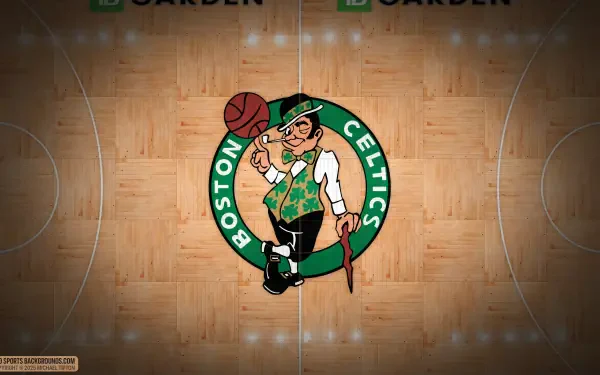 4K Ultra HD PC desktop wallpaper showing the Boston Celtics NBA basketball logo centered on a hardwood court with green emblem and visible court lines.