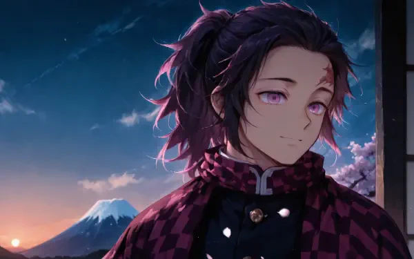 4K Ultra HD PC desktop wallpaper: anime portrait of Tanjiro Kamado at dusk, soft smile, falling petals, Mount Fuji glowing on the horizon.