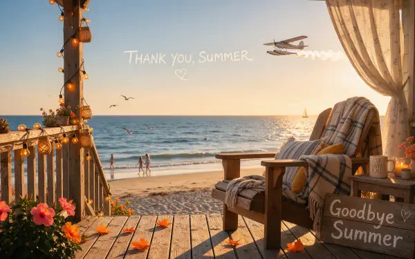 2K Quad HD wallpaper: cozy porch chair with blanket and Goodbye Summer sign, string lights and flowers, overlooking a golden ocean sunset, beach silhouettes and a passing plane.