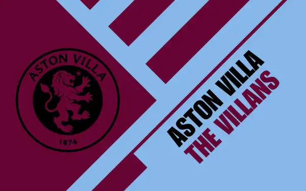 2K Quad HD PC desktop wallpaper showing Aston Villa F.C. circular logo and bold Aston Villa The Villans text over a claret and sky-blue diagonal geometric background.