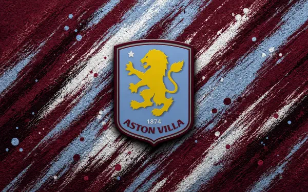 Aston Villa F.C. crest centered on textured claret and blue diagonal brushstroke background, 4K Ultra HD PC desktop wallpaper