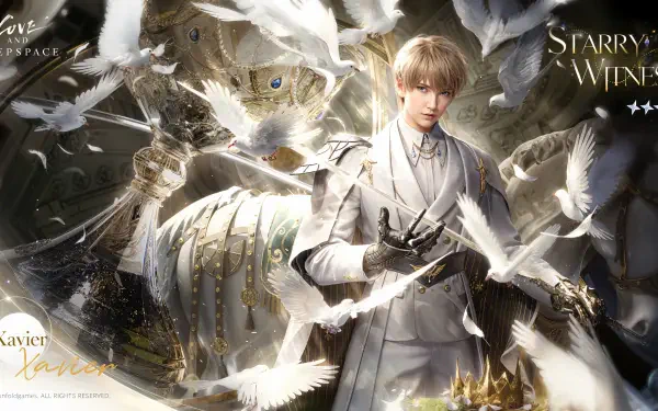 4K Ultra HD anime wallpaper of Xavier: a refined young man in white, doves and celestial light surround him in a Love and Deepspace themed PC desktop background.