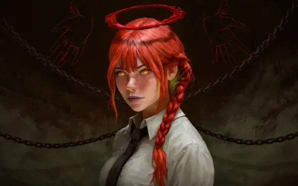 Makima (Chainsaw Man) anime 4K Ultra HD PC desktop wallpaper and background: red-haired Makima with braided hair, a glowing halo, piercing golden eyes and chains against a dark backdrop.