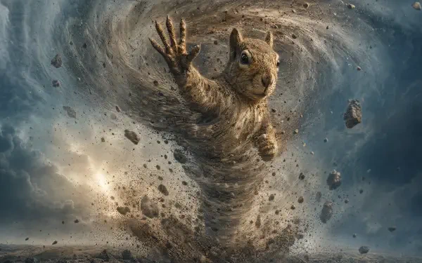 Tornado Squirrel 4K Ultra HD PC desktop wallpaper: a squirrel spiraling inside a debris-filled tornado, claws outstretched amid dust, flying rocks and churning storm clouds.
