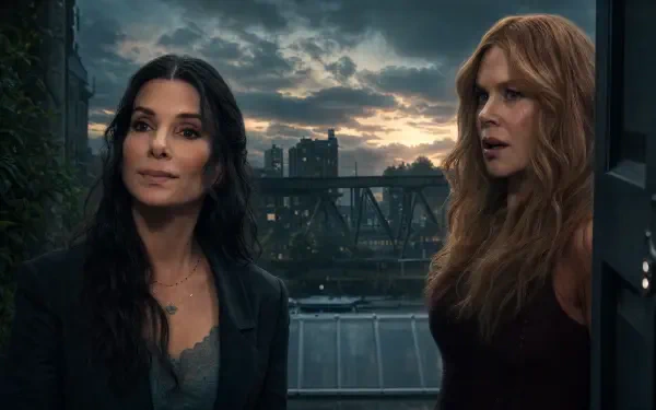 4K Ultra HD PC desktop wallpaper: portrait of two women from Practical Magic 2 on a rooftop at dusk, a city bridge skyline behind them with moody, cinematic lighting.