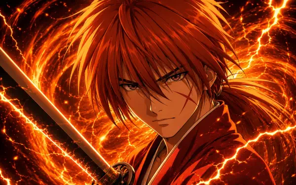 Kenshin Himura from anime, intense close-up with burning orange energy swirls and katana drawn; vivid 4K Ultra HD PC desktop wallpaper and background.