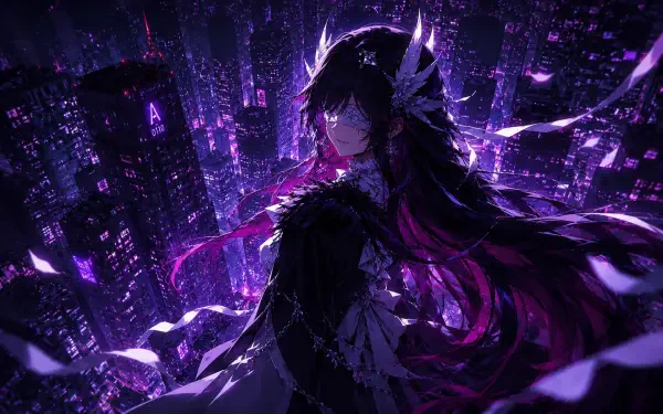 Columbina from Genshin Impact stands on a neon-lit rooftop above a purple cyber-city, her dark feathered costume and flowing magenta hair backlit in a 4K Ultra HD anime PC desktop wallpaper.