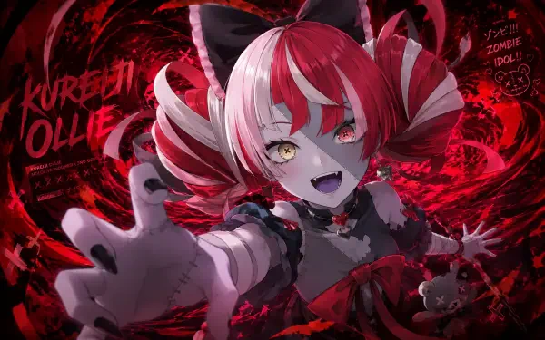 4K Ultra HD PC desktop wallpaper background of Virtual YouTuber Kureiji Ollie: red-and-white twin-tailed zombie idol reaching toward the viewer amid swirling crimson energy.