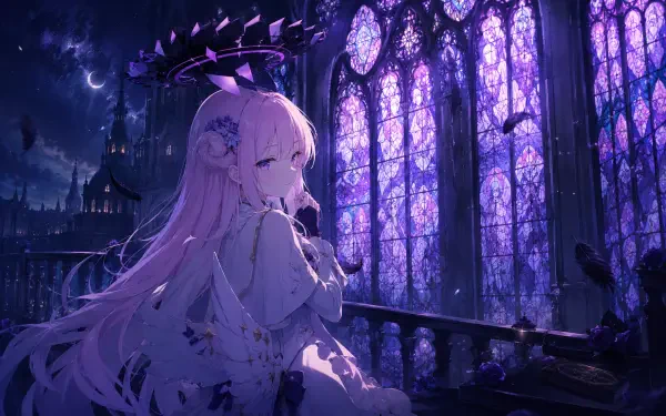 Sorasaki Hina anime girl with long pink hair gazing from a gothic balcony at moonlit stained-glass windows, purple hues — 4K Ultra HD PC desktop wallpaper background.