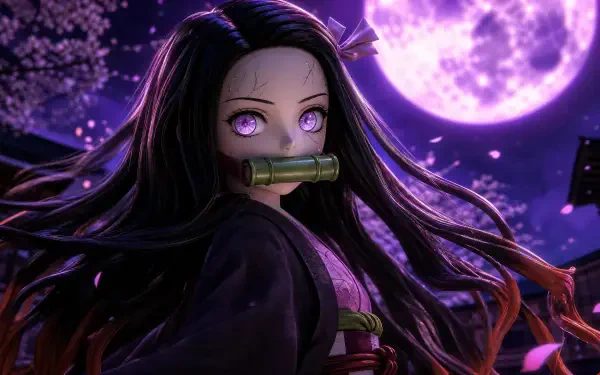 Nezuko Kamado anime portrait beneath a glowing purple moon, long hair and bamboo muzzle, vibrant 4K Ultra HD PC desktop wallpaper and background.
