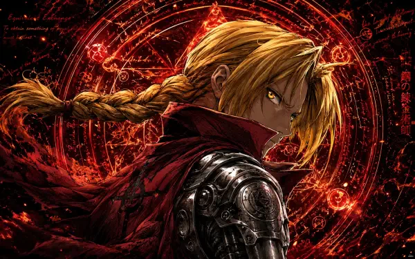 Edward Elric in dramatic 4K Ultra HD anime wallpaper: close-up profile with braided hair, red cloak and armored prosthetic arm against a glowing alchemical transmutation circle.