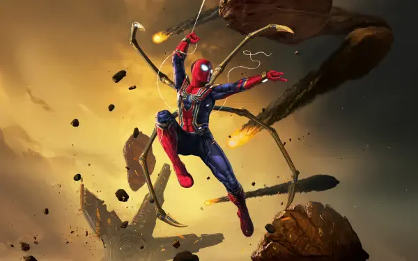 Digital art of Spider-Man swinging amid shattered rocks and glowing debris, dynamic pose with trailing web — 5K Ultra HD PC desktop wallpaper and background.
