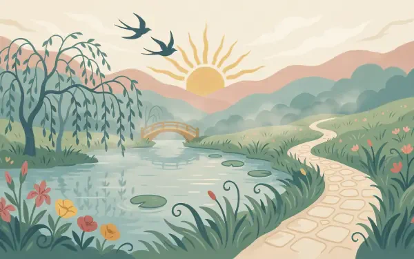 4K Ultra HD PC desktop wallpaper and background: scenic landscape with sunlit river, arched bridge, winding path, willow trees, flowers and two swallows.