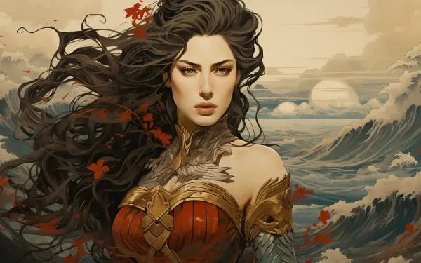 Comic digital art 2K Quad HD PC desktop wallpaper and background: fierce female warrior in red armor, flowing dark hair and autumn leaves against stormy ocean waves.