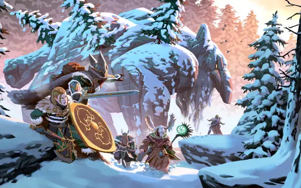 5K Ultra HD PC desktop wallpaper and background: Valheim warrior and allies face a towering mammoth in a snow‑bound pine forest, shields and weapons ready amid frosted trees and pale sunlight.