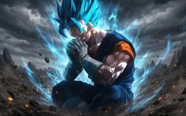 Goku (Anime) kneeling on cracked earth, glowing blue Super Saiyan aura and stormy sky — 4K Ultra HD PC desktop wallpaper/background.