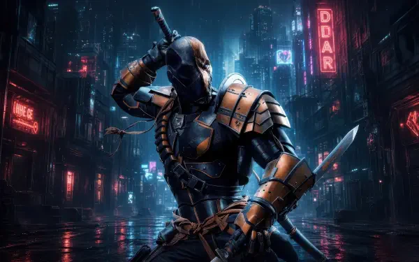 4K Ultra HD digital art PC desktop wallpaper and background: Deathstroke in armored suit with dual blades, crouched in a neon-lit cyberpunk city street.