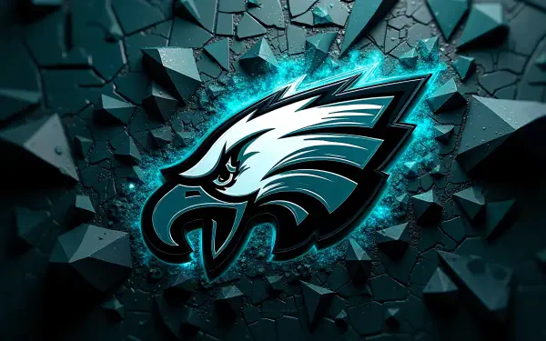 Philadelphia Eagles NFL logo glowing teal amid shattered dark geometric shards — 4K Ultra HD PC desktop wallpaper and background.
