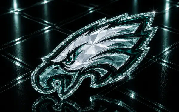 4K Ultra HD PC desktop wallpaper: crystalline Philadelphia Eagles NFL logo in teal and silver on a reflective grid