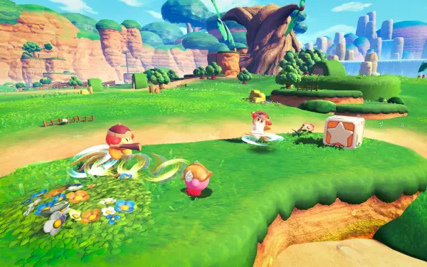 4K Ultra HD PC desktop wallpaper and background from Kirby and the World Beyond: Kirby and friends on grassy floating islands in a colorful video game scene.