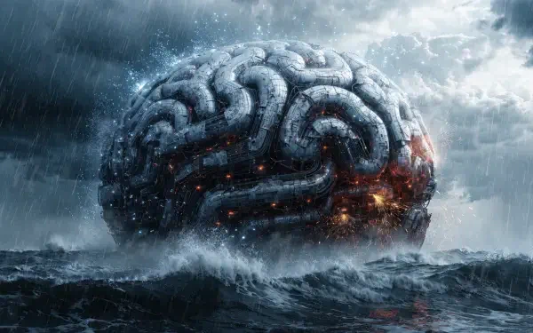 2K Quad HD PC desktop wallpaper/background: a colossal brain-shaped island with glowing circuitry, lashed by stormy seas and lightning beneath a turbulent, cloud-filled sky.