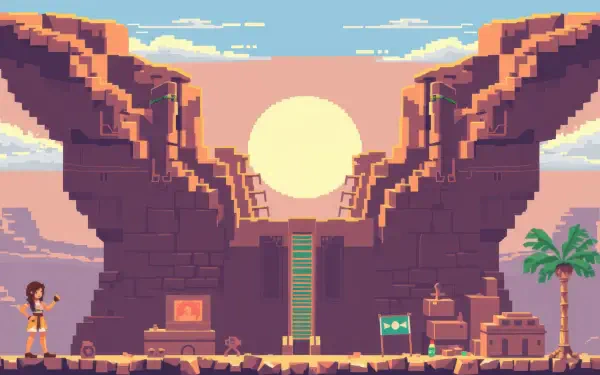 4K Ultra HD PC desktop wallpaper: pixel-art Egypt at sunset — sun framed by carved cliffs above a temple entrance with stairs, palm tree and tiny figures.