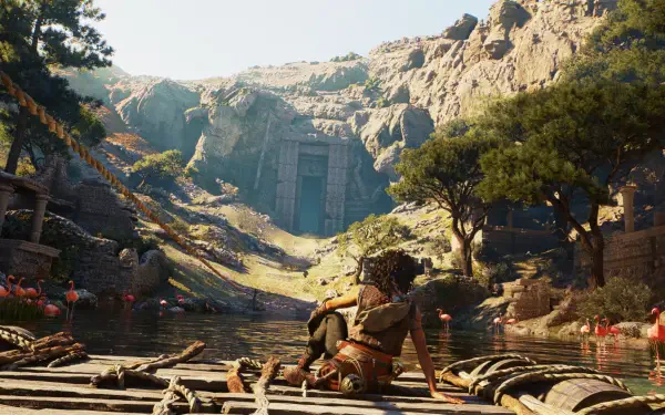 Resonance: A Plague Tale Legacy HD PC desktop wallpaper — a lone character sits on a raft in a sunlit valley, facing a carved stone gate set into a mountain.