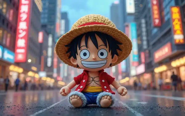 Monkey D. Luffy from One Piece in chibi form sits smiling on a wet, neon-lit city street wearing his straw hat — 4K Ultra HD PC desktop wallpaper background.