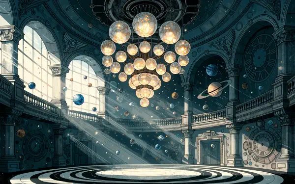 4K Ultra HD PC desktop wallpaper of a grand ballroom interior: sunlit marble hall with ornate chandelier, balconies, decorative columns and floating celestial orbs.