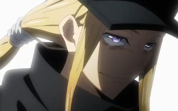 The Vermilion Mask anime character wearing a black hat, blond hair and purple eyes, smirking in high-contrast light. HD PC desktop wallpaper/background.