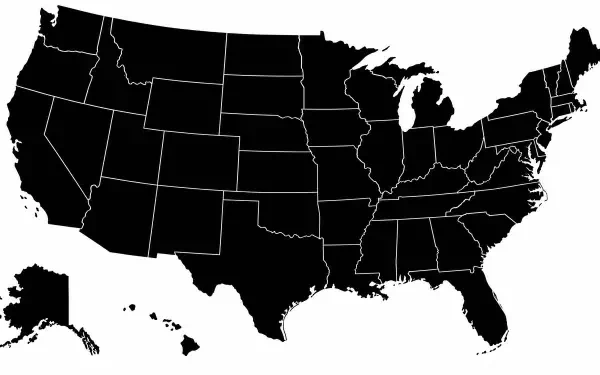 Black silhouette map of the United States with state boundaries and separated Alaska and Hawaii — 4K Ultra HD PC desktop wallpaper background.
