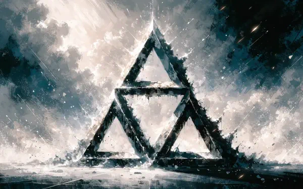 Abstract geometric Triforce triangle: three interlocked triangles rendered in stormy textures on a 2K Quad HD PC desktop wallpaper background.