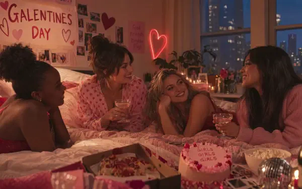 Galentine's Day friendship party: four women laughing on a cozy bed with cake, drinks and candles in warm light — 4K Ultra HD PC desktop wallpaper and background.