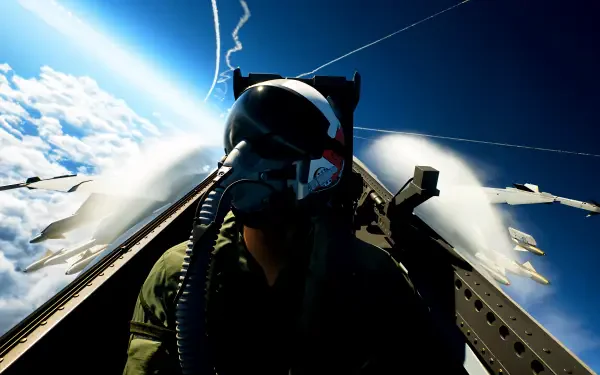 Ace Combat 8 Wings of Theve 4K Ultra HD PC wallpaper/background: cockpit view of a jet fighter pilot with clouds and contrails outside.